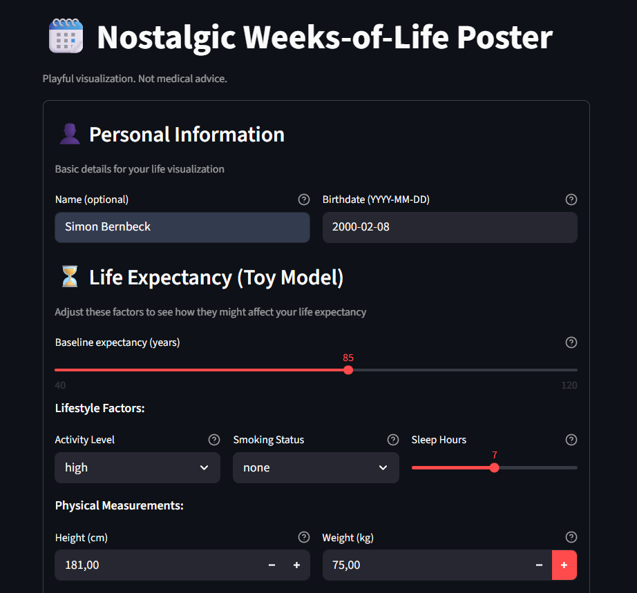 LifeClock Streamlit UI: inputs for profile, lifestyle factors, and measurements