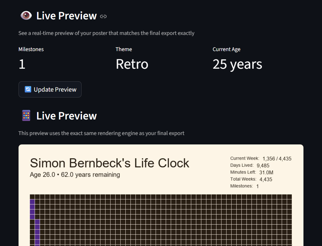 LifeClock Streamlit UI: live preview metrics, update button, and rendered poster
