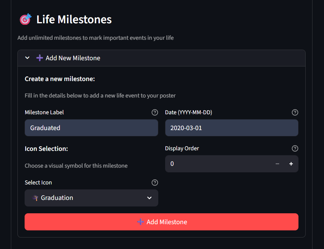 LifeClock Streamlit UI: adding a life milestone (label, date, icon, order)