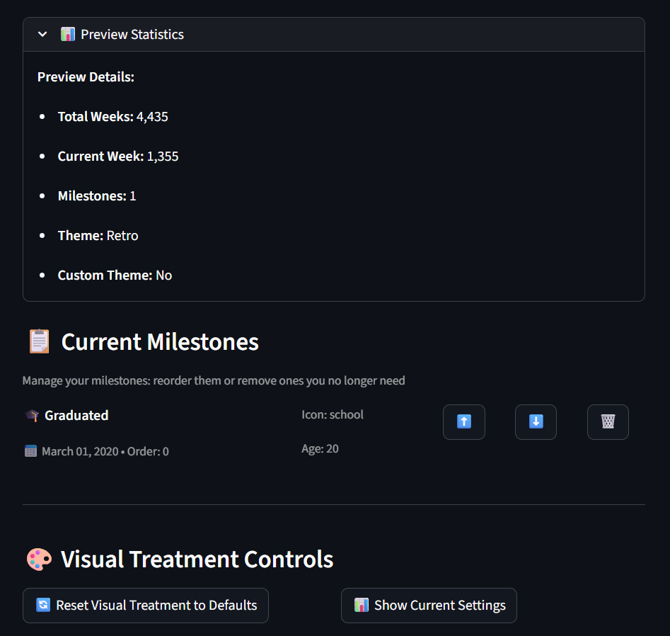 LifeClock Streamlit UI: preview stats, current milestones manager, and visual treatment controls