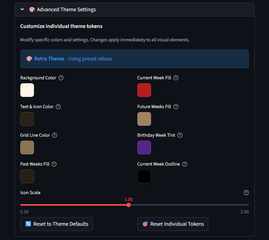LifeClock Streamlit UI: advanced theme tokens, icon scale, and reset actions