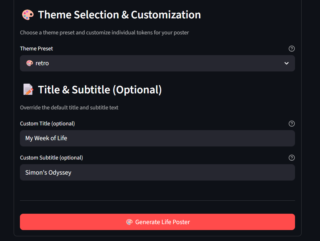 LifeClock Streamlit UI: choose a theme preset and override title/subtitle