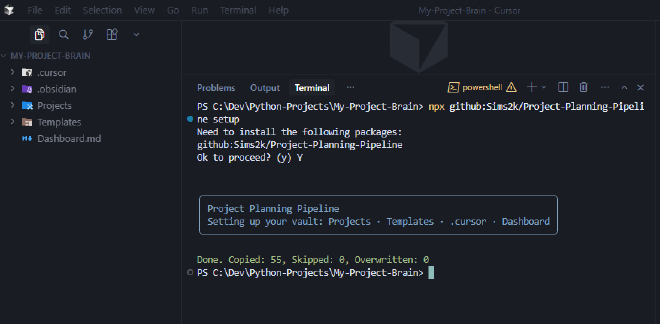 Cursor IDE after running pipeline setup with file tree and terminal output showing Done Copied 55