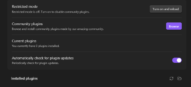 Obsidian Settings Community plugins section with Browse and installed plugins