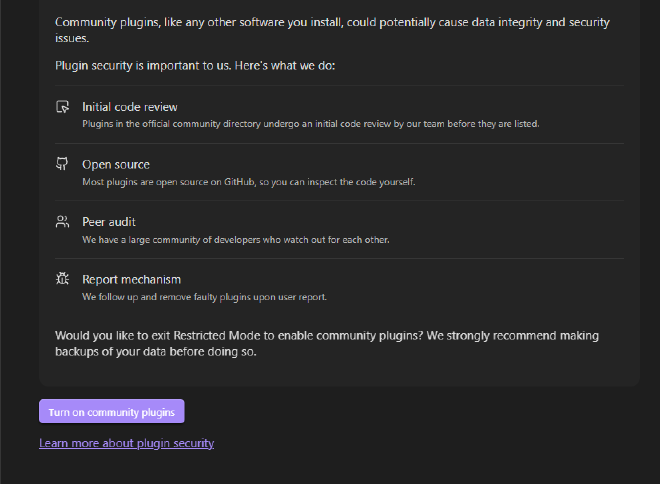 Obsidian prompt to turn on community plugins with security note