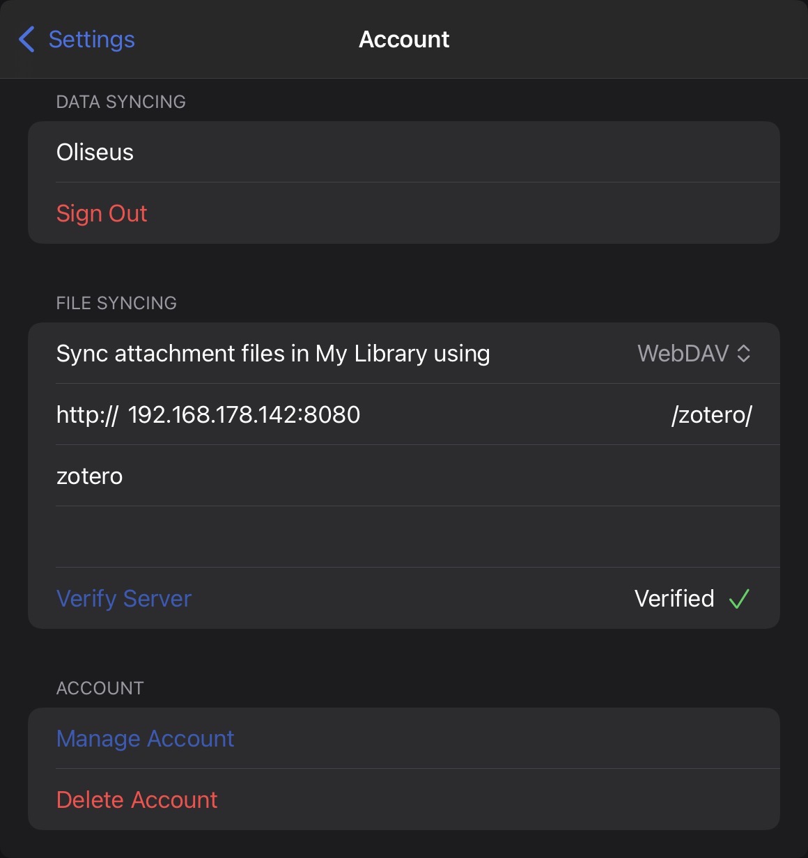Zotero iPad WebDAV Settings