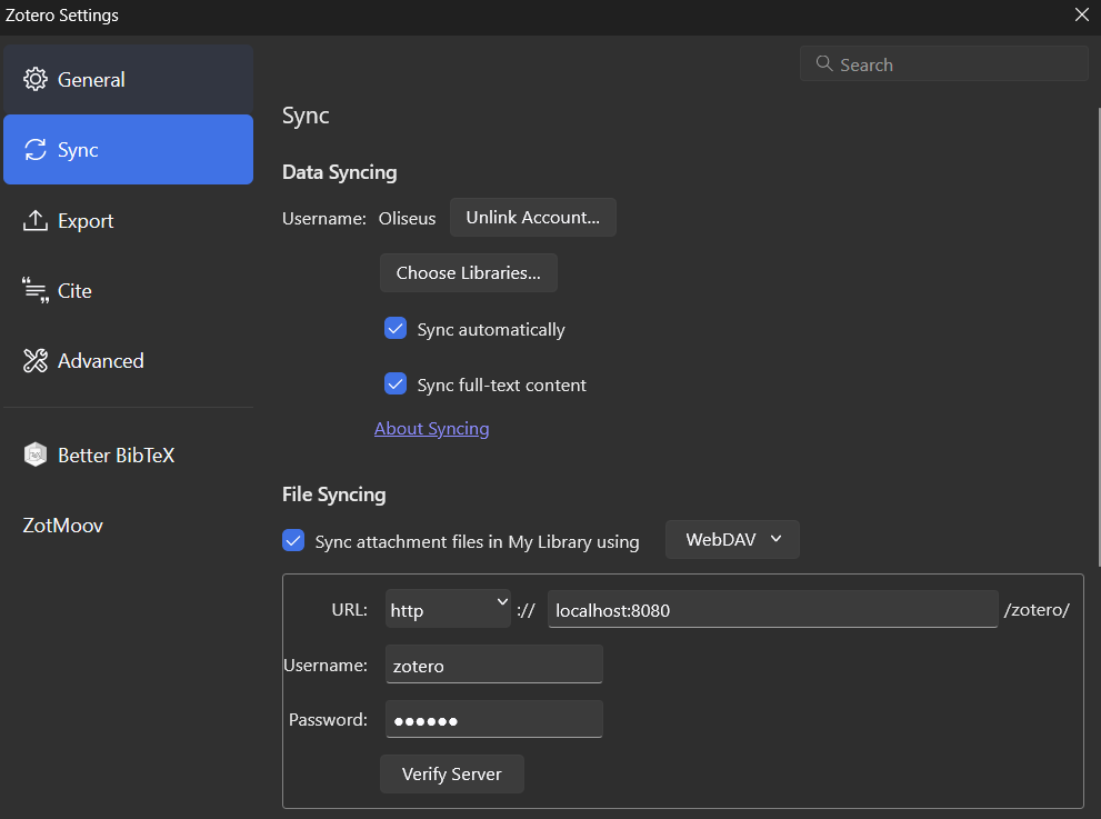 Zotero Sync Settings